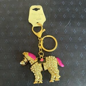 Rhinestone Horse Keychain Purse Charm Pink White Gold